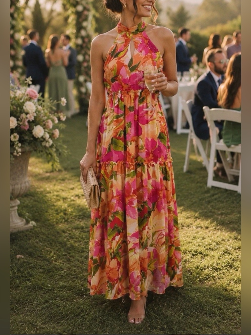 Nicole Miller Maxi Dress Floral Halter Chiffon Tiered Pink Orange Large